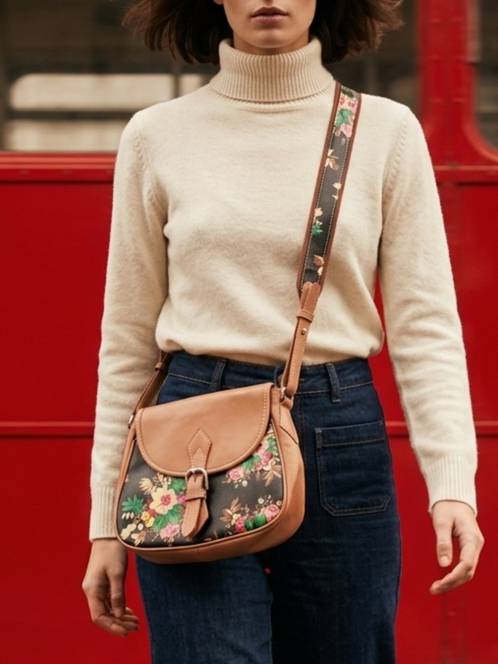Kenzo Paris Vintage Floral Tan and Black Crossbody Shoulder Bag